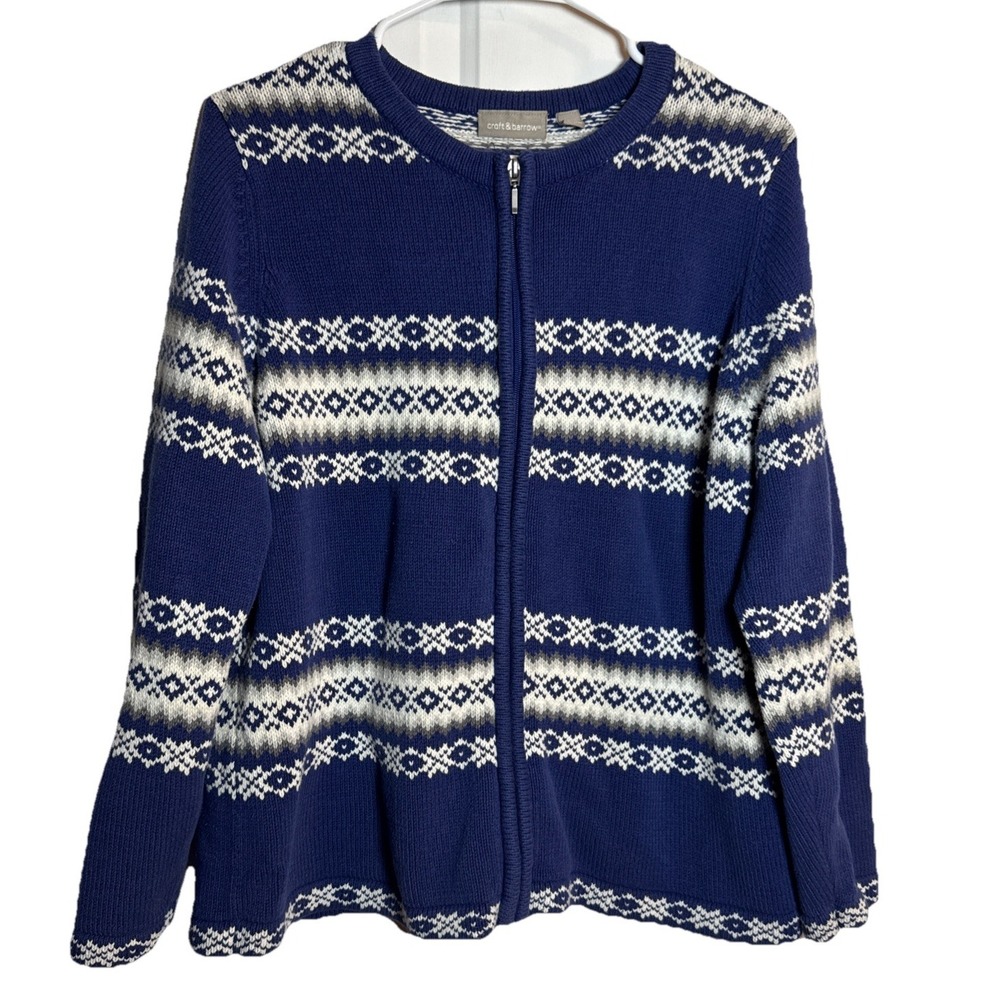 Vintage Croft & Barrow Womens Fair Isle Zip Cardigan Sweater Blue L Cotton Blend